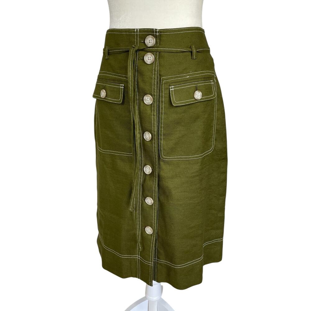 J.Crew Linen Blend Button Front A-Line Skirt Green Sz 6T Classic Preppy Chic - Picture 3 of 13